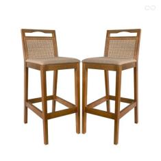 Imagem de Kit 2 Banquetas para Bancada Alta de Madeira Estofada Valência Rattan Amêndoa Linho Bege CCS