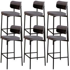 Imagem de Kit 06 Banquetas Alta Bar Cozinha Sala De Jantar Aço Preto Kaira C01 Linho Cinza Courino Preto - Lyam Decor