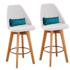 Imagem de Kit 02 Banquetas Alta Maya Giratória Com Encosto Linho Bege Claro e Almofada Azul Turquesa - Aurora Line