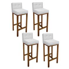 Imagem de Kit 04 Banqueta Alta Com Encosto Alba Cozinha Balcão Bistrô Base Madeira Castanho Tecido Sintético Branco - Ahazzo Móveis