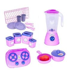 Imagem de Kit Cozinha Menina Brinquedo Fogão Panela Liquidificador 18p