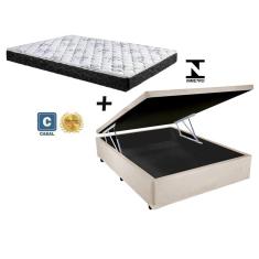 Imagem de Cama Box Baú Casal Conforto Suede Bege + Colchão Casal Conforto Espuma D33 Com eps 17x138x188