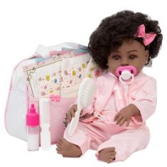 Imagem de Bebe Estilo Reborn Menina Negra Fofinha Com Bolsa 21 Itens - Cegonha R