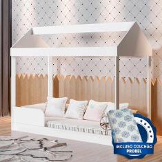Imagem de Cama Montessoriana Infantil Casinha Branca Dakota Gabrielli Com Colchão Probel Guarda Costas