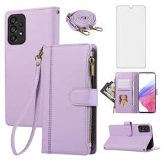Imagem de Asuwish Capa de celular para Samsung Galaxy A53 5G com zíper carteira celular com protetor de tela de vidro temperado alça transversal suporte para cartão de couro A 53 G5 53A SM A536U 6,5 polegadas