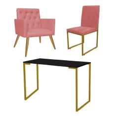 Imagem de Kit Escritório Stan Poltrona Capitonê com Cadeira e Mesa Industrial Preto Dourado Suede Rose Gold - Ahz Móveis