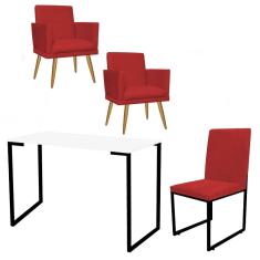 Imagem de Kit Escritório Stan 2 Poltronas Rodapé com Cadeira e Mesa Industrial Branco Preto Suede Vermelho - Ahz Móveis