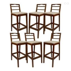 Imagem de Kit 6 Banquetas Alta para Cozinha Grécia em Madeira Castanho Linho Bege CCS