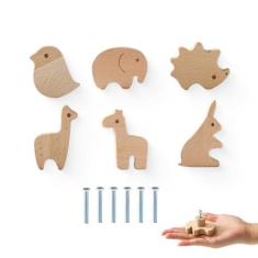 Imagem de Mamimami Home Puxadores de gaveta de madeira com parafusos, puxador redondo de móveis para quarto de crianças, 6 peças, puxadores de madeira de animais para armários para quarto de criança (animal 6