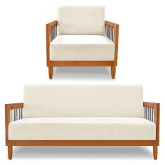 Imagem de Kit Poltrona e Sofá Living 2 Lugares Marilia 1,60m Linho Natural Base em Madeira Castanho - Pallazio