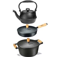 Imagem de Jogo Caçarola, Frigideira e Chaleira Ferro Fundido Panela Mineira