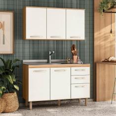 Imagem de Cozinha Compacta 2 Peças 1,20 m 5 Portas 3 Gavetas Freijó Off White Cristal Bit Nicioli