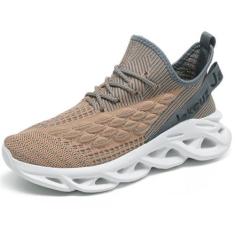 Imagem de Jakcuz Tênis masculino leve para caminhada plus size de malha com estampa de escama de peixe, Cáqui/Branco, 41