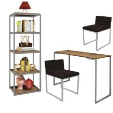Imagem de Kit Escritório Ravi 2 Cadeiras Suede Marrom com 1 Mesa e 1 Livreiro Ferro Cinza MDF Castanho - Ahazzo Móveis