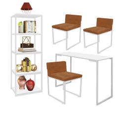Imagem de Kit Escritório Ravi 3 Cadeiras Suede Terracota com 1 Mesa e 1 Livreiro Ferro Branco MDF Branco - Ahazzo Móveis