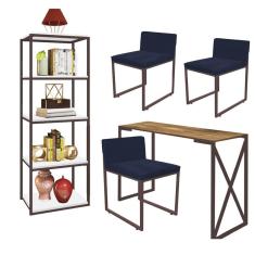 Imagem de Kit Escritório Bex 3 Cadeiras Suede Azul Marinho com 1 Mesa e 1 Livreiro Ferro Marrom MDF Imbuia - Ahazzo Móveis