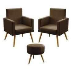 Imagem de Kit 2 Poltronas Decorativas Estofada Nina e Puff Solar Com Rodapé Sued Marrom Aradecor
