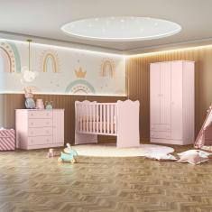 Imagem de Quarto de Bebê Doce Sonho Completo com Cômoda Sapateira Qmovi Rosa Acetinado