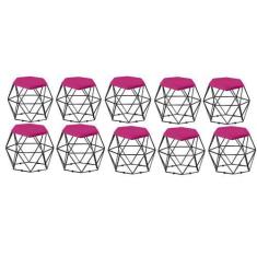 Imagem de Kit 10 Puff Banqueta Aramado Mila Base Preta Hexágono Suede Pink - DAM