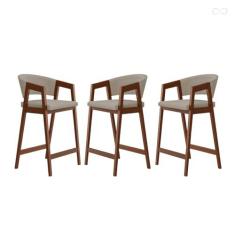 Imagem de Kit 3 Banquetas Alta para Bancada de Cozinha Ravena Madeira Maciça Pinhão Suede Bege CCS