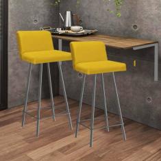 Imagem de Kit Mesa Suspensa de Parede Fixa MDF Carvalho + 2 Banquetas Lexi Ferro Prata Corino Amarelo - Ahazzo Móveis