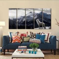 Imagem de Quadro Decorativo Lobo e Montanha 140x65 em tecido 5 peças