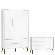 Imagem de Cômoda Infantil Com Porta E Guarda Roupa 3 Portas Theo Branco Acetinado Com Pés Amadeirado - Reller