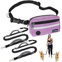 Imagem de PetAmi Coleira para cães mãos livres, correia para corrida de cães para passear, correr, bolsa com zíper para cintura de cachorro com dispensador de saco de cocô, alças duplas acolchoadas, coleira elástica durável refletiva, dupla