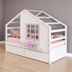 Imagem de Cama Casinha Com Janela E 02 Gavetas Madeira Maciça Branco/ Rosa Housin