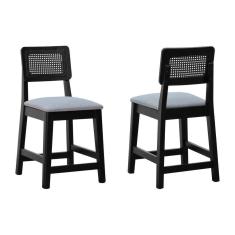 Imagem de Kit 2 Banquetas Encosto Telinha Assento Estofado - Preto Assento Linho Cinza Mescla Impermeável