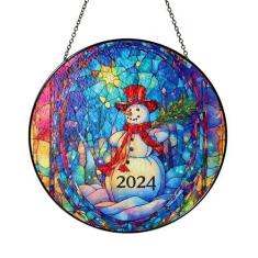 Imagem de Enfeite de boneco de neve de vitral, apanhadores de sol de Natal, enfeite de Natal para a família, decoração de vitral de Papai Noel, decoração de memorial e amizade, presentes de elefante branco para