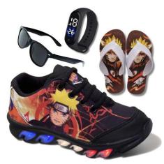 Imagem de Kit Tênis De Led Infantil Menino Masculino Naruto + Chinelo + Relógio