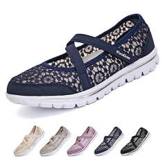 Imagem de Optigard Tênis feminino de malha de renda ajustável, respirável, plano, casual, antiderrapante, leve, confortável, sem cadarço, boca rasa, para mãe, enfermeira, trabalho, sapatos Mary Jane, Azul, 35