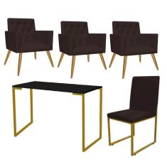 Imagem de Kit Escritório Stan 3 Poltronas Capitonê com Cadeira e Mesa Industrial Preto Dourado Suede Marrom - Ahz Móveis