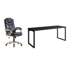 Imagem de conjunto de mesa miguel 190 cm com cadeira de escritório presidente giratória com relax clark preta e dourada