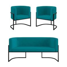 Imagem de Kit 2 Poltronas Sofá 2 Lugares Para Recepção Balaqui Azul Turquesa