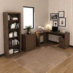Imagem de Conjunto Home Office 3 Peças 1 Escrivaninha em L 1 Estante 1 Balcão 2 Portas Tecno Mobili Nogal