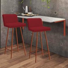 Imagem de Kit Mesa Suspensa de Parede Fixa MDF Marmorizado + 2 Banquetas Lexi Ferro Bronze Suede Vermelho - Ahazzo Móveis