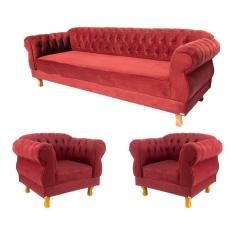 Imagem de  1 Sofá 1,80cm + 2 Poltronas Chesterfield Elisabeth Suede Bordo