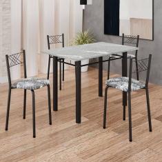 Imagem de Conjunto Sala de Jantar Mesa Retangular 100x60cm Tampo Granito Topázio 4 Banquetas Maragogi Yescasa Preto Floral/ Preto Fosco