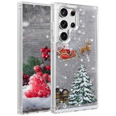 Imagem de Changjia Capa de Natal com glitter para Samsung Galaxy S22 Ultra, linda árvore de Natal, alce, líquido, movendo-se, brilhante, TPU (poliuretano termoplástico) transparente, à prova de choque, capa
