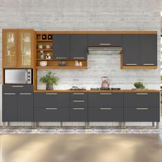 Imagem de Cozinha Completa Burguesa Premium 13 Portas 6 Gavetas com Vidro 100% Mdf Freijó/Grafite - Nesher