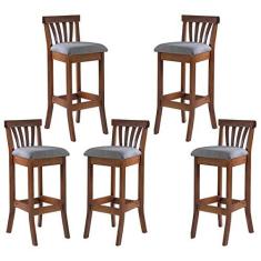 Imagem de Kit 5 Banquetas Alta Estofada Anthurium 36 x 100 Cm Madeira Maciça Imbuia Linho Cinza L55 - RMI