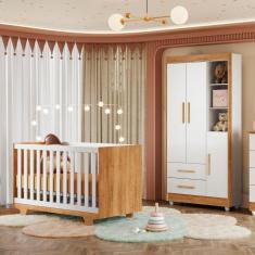 Imagem de Quarto de Bebê Guarda Roupa 3 Portas e Berço Mini Cama 100% MDF com Colchão Nina  Amadeirado/Branco