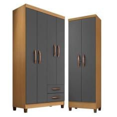 Imagem de Guarda Roupa Solteiro Modena 4 Portas e Armário Multiuso Egito Carvalh