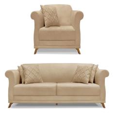 Imagem de Kit Poltrona E Sofá Living 2 Lugares 1,60M Vênus Linho Dourado Pés Cas