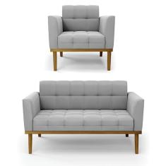 Imagem de Namoradeira Com Poltrona Base De Madeira Castanho Elisa Suede D03 - D\`rossi Cor Cinza