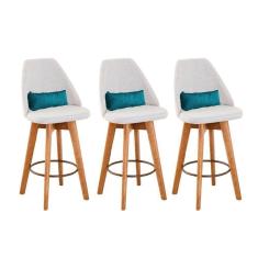 Imagem de Kit 03 Banquetas Alta Maya Giratória Com Encosto Linho Bege Claro e Almofada Sintético Azul Turquesa - Aurora Line