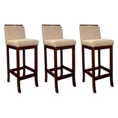 Imagem de Kit 3 Banquetas Alta para Balcão Turim Madeira Castanho Linho Bege CCS