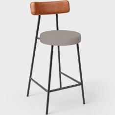 Imagem de Banqueta Baixa Cozinha Sala Jantar Bancada Milão L02 Couríssimo Camel Linho Bege - Lyam Decor